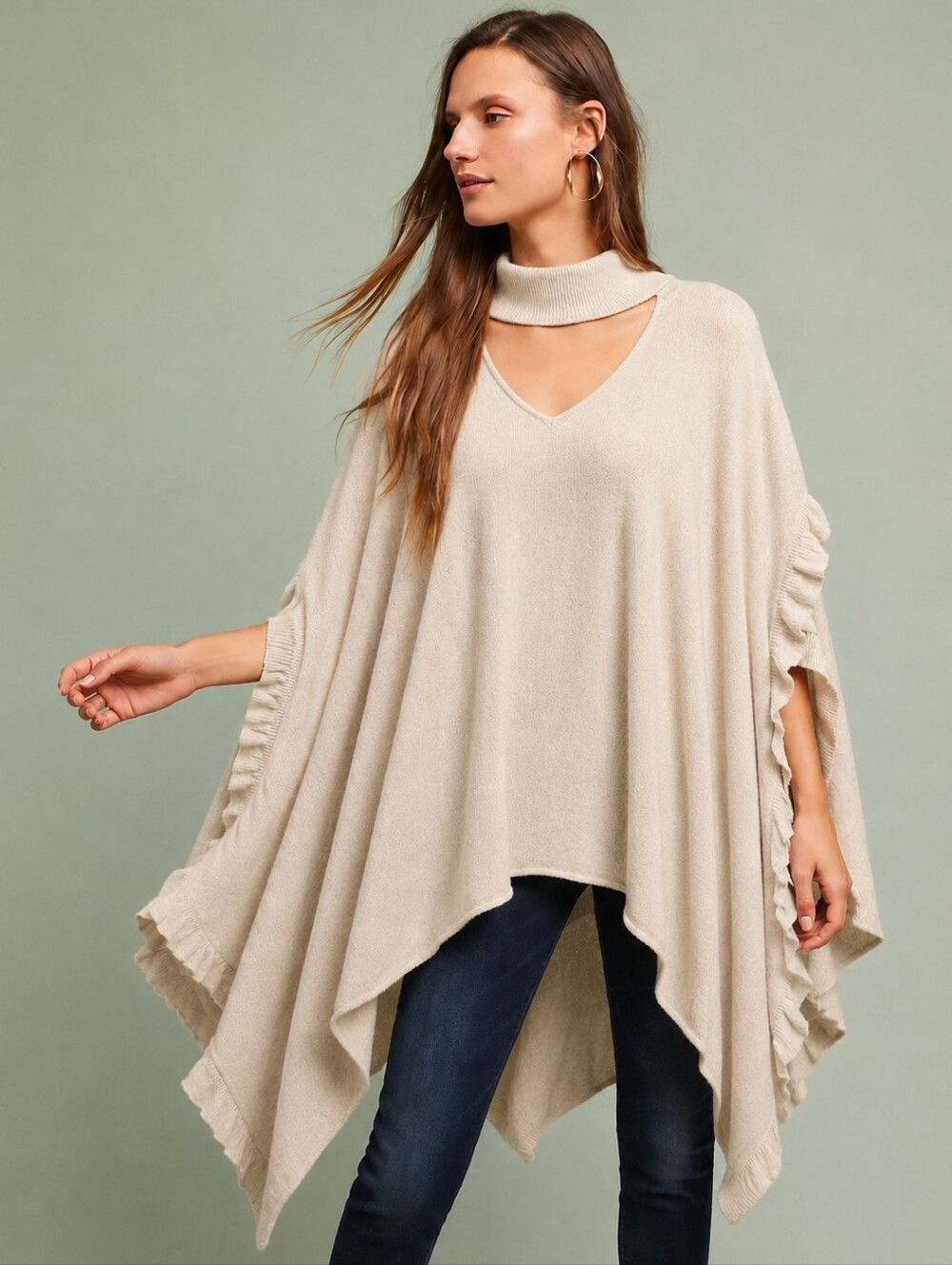 Tunic Poncho Cape Mock Turtle Open vneck Loose Ruffles Relaxed Boho M